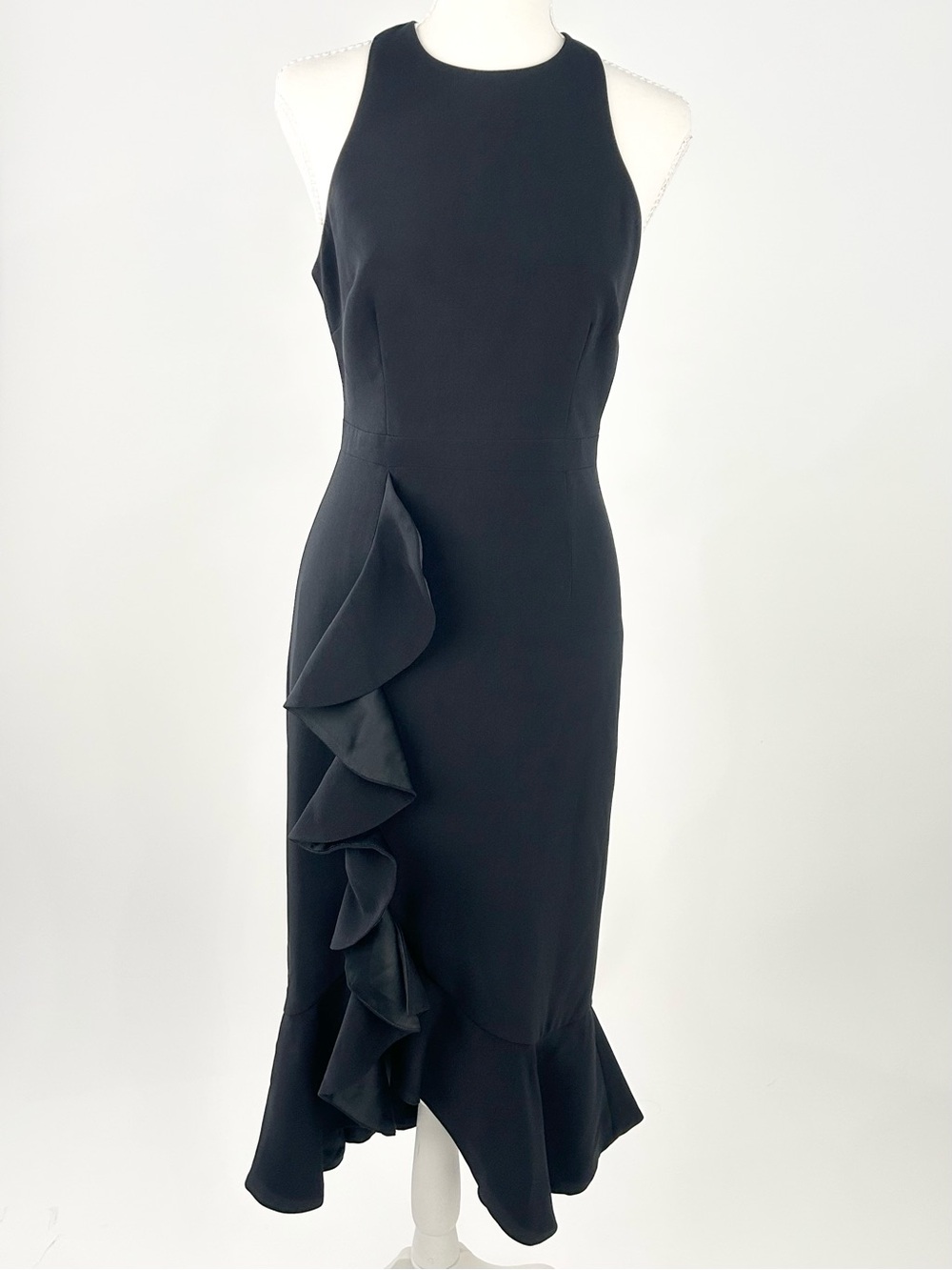 LIKELY Tay Dress Black Cascade Ruffle Midi Size 2 Old Hollywood Formal